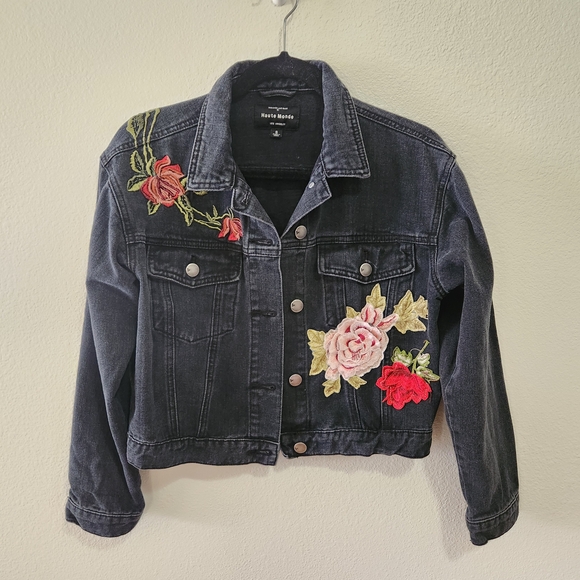 Haute Monde Size Small Crop Black Denim Jacket with Rose Applique - Picture 4 of 6